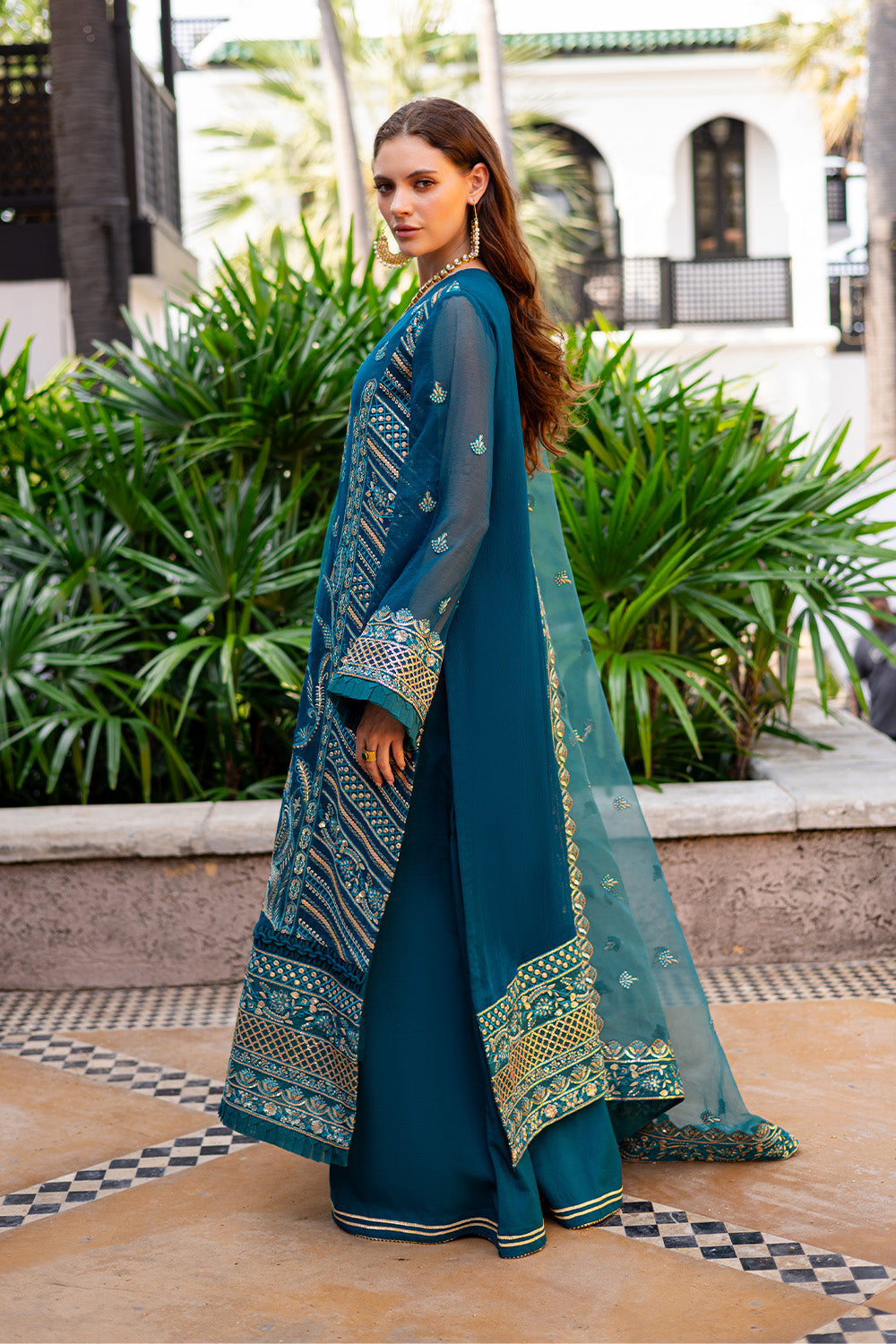 Pakistani Teal Embroidered Chiffon & Organza Salwar Kameez (3-Piece) - Image 4