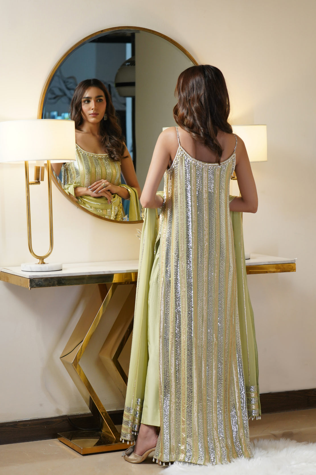 Pakistani Pastel Green Sequin Chiffon Salwar Kameez (3-Piece) - Image 3