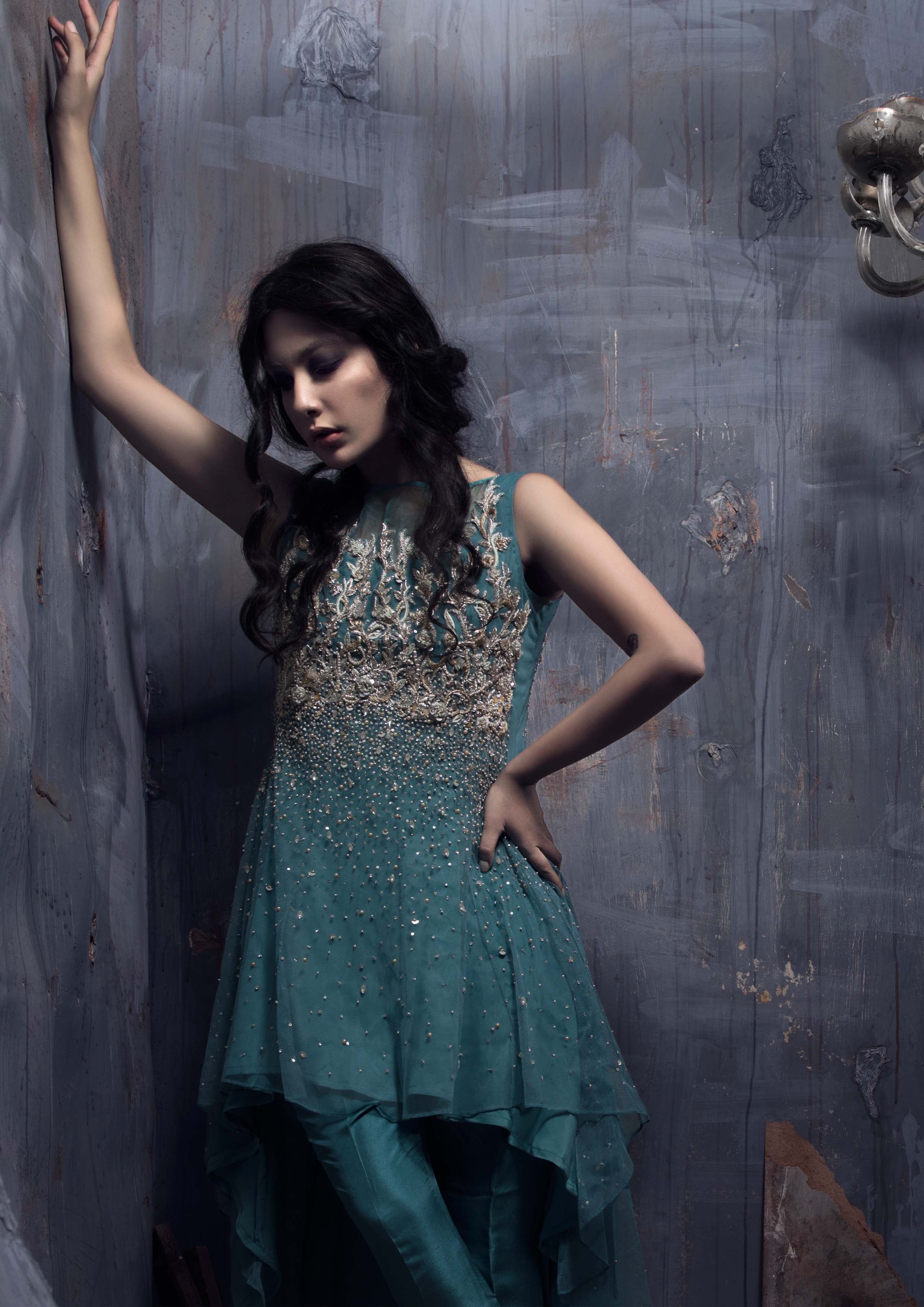 Pakistani Teal Embroidered Chiffon High-Low Kameez (2-Piece) - Image 1