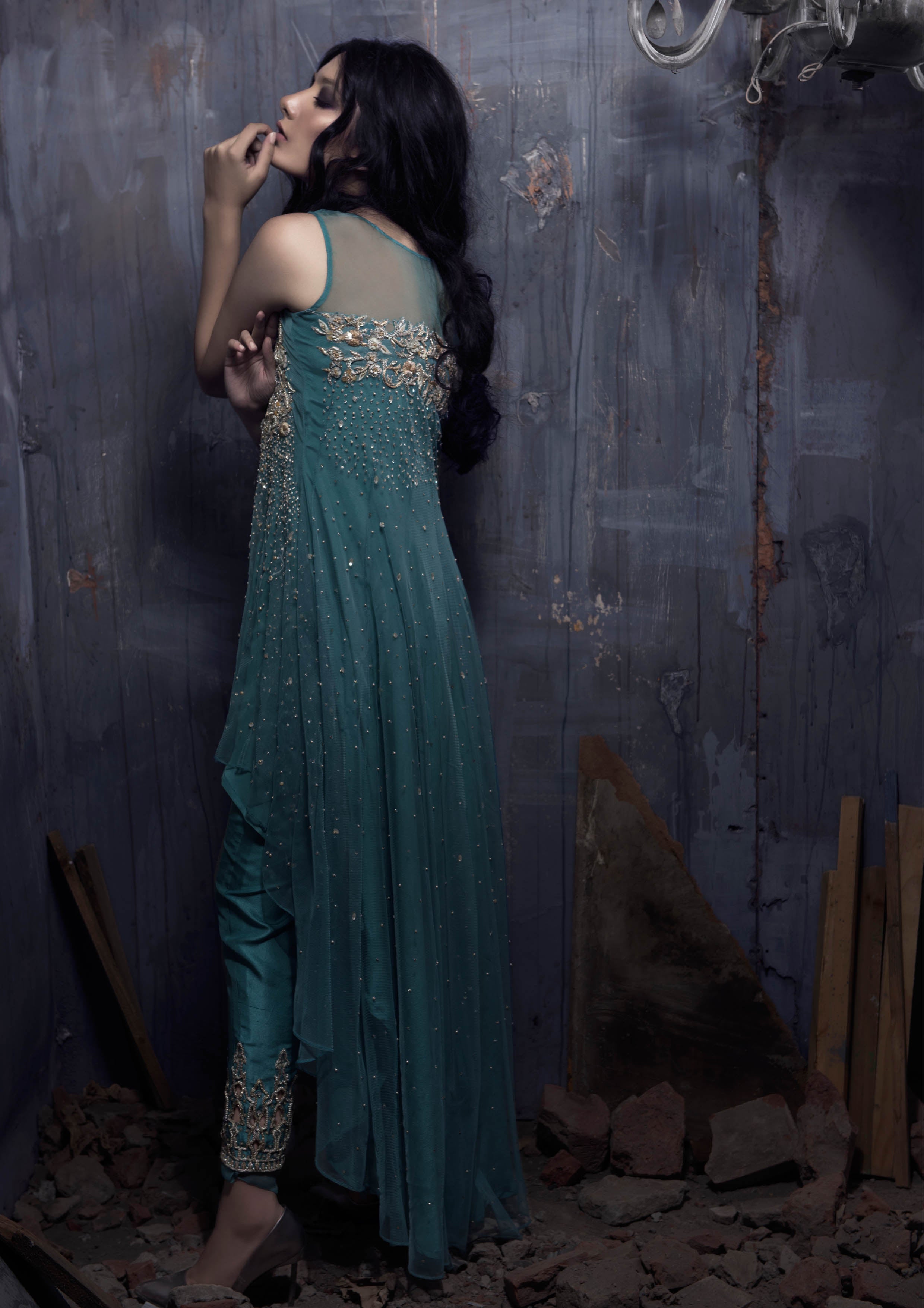 Pakistani Teal Embroidered Chiffon High-Low Kameez (2-Piece) - Image 2
