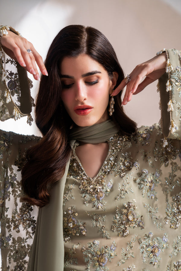 Sage Green Hand-Embellished Chiffon Salwar Kameez (3-Piece) - Image 4