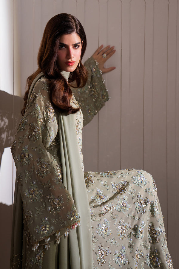 Sage Green Hand-Embellished Chiffon Salwar Kameez (3-Piece) - Image 7