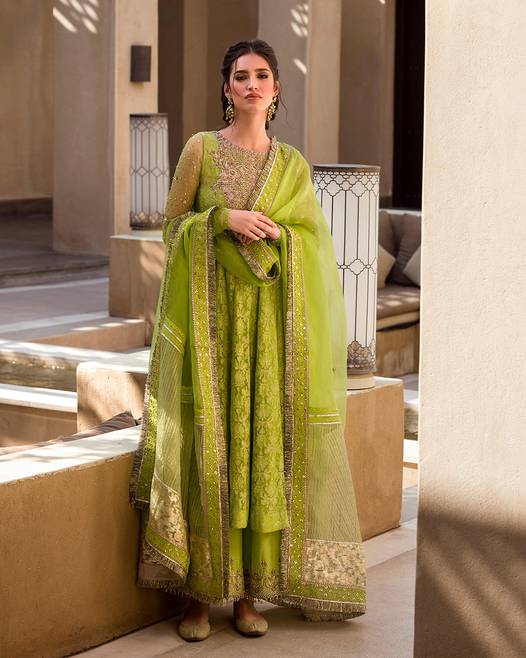 Chartreuse Green Embellished Chiffon & Organza Salwar Kameez (3-Piece) - Image 1