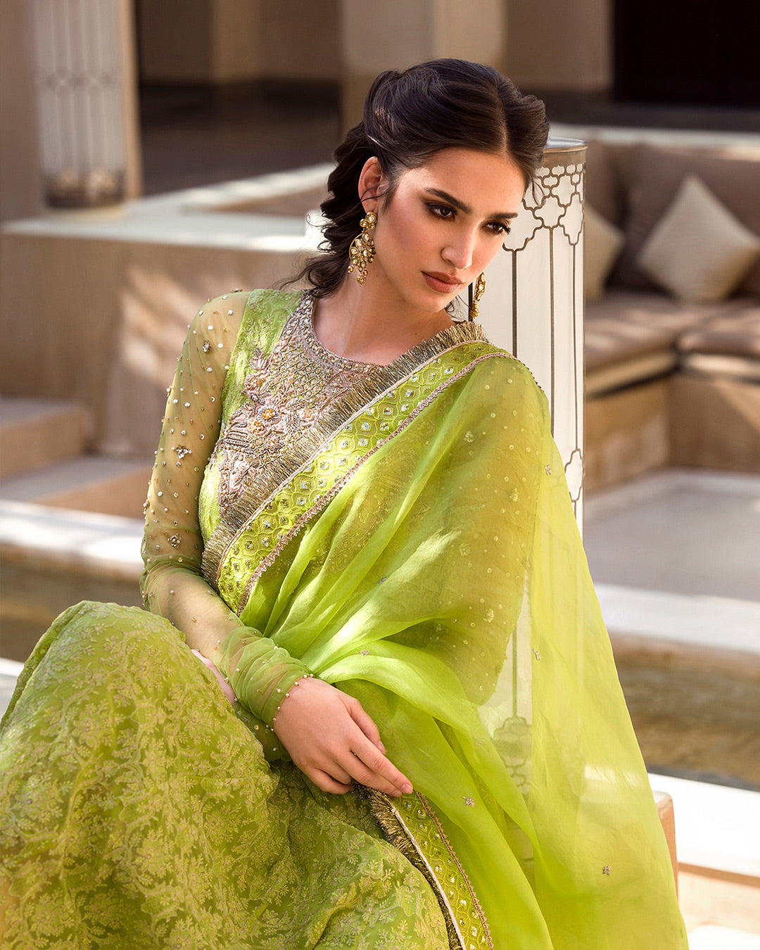 Chartreuse Green Embellished Chiffon & Organza Salwar Kameez (3-Piece) - Image 2