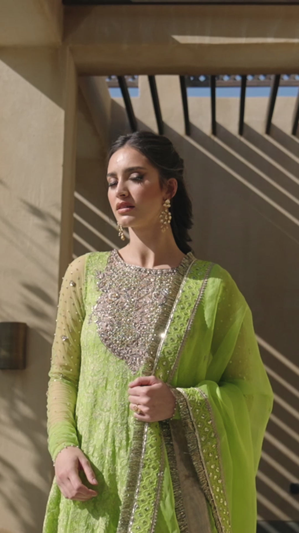 Chartreuse Green Embellished Chiffon & Organza Salwar Kameez (3-Piece) - Image 7