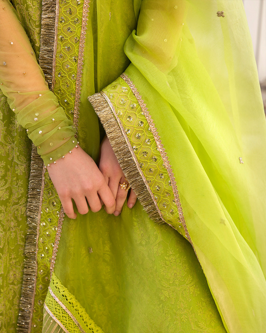 Pakistani Chartreuse Green Embellished Chiffon & Organza Set (3-Piece) - Image 3
