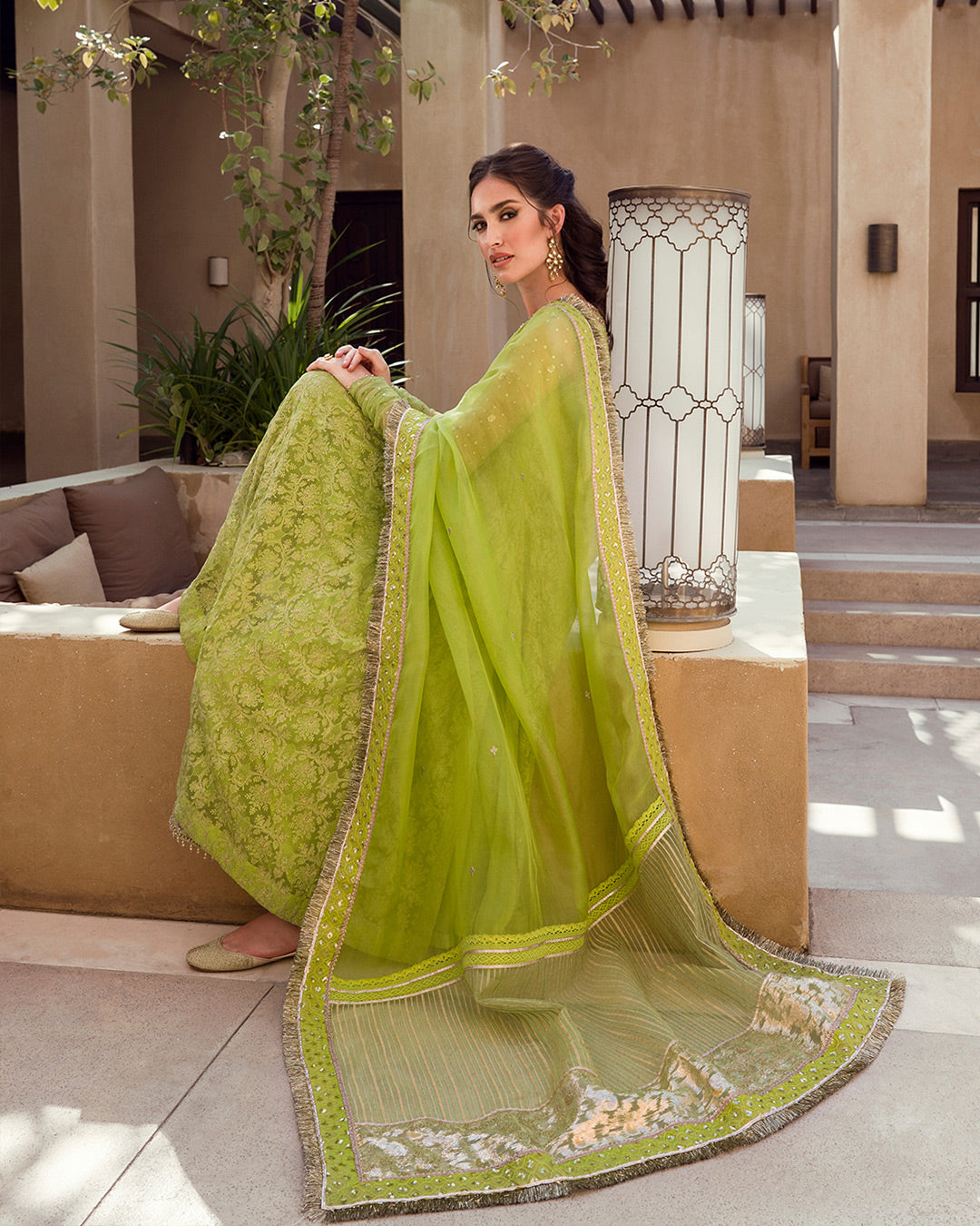 Pakistani Chartreuse Green Embellished Chiffon & Organza Set (3-Piece) - Image 4