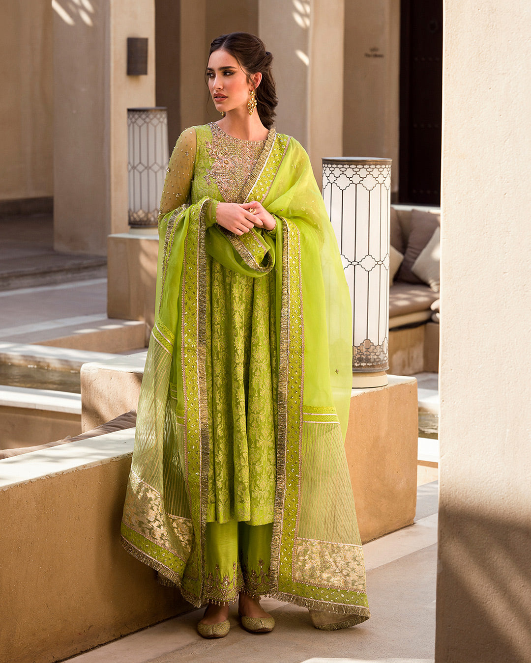 Pakistani Chartreuse Green Embellished Chiffon & Organza Set (3-Piece) - Image 5