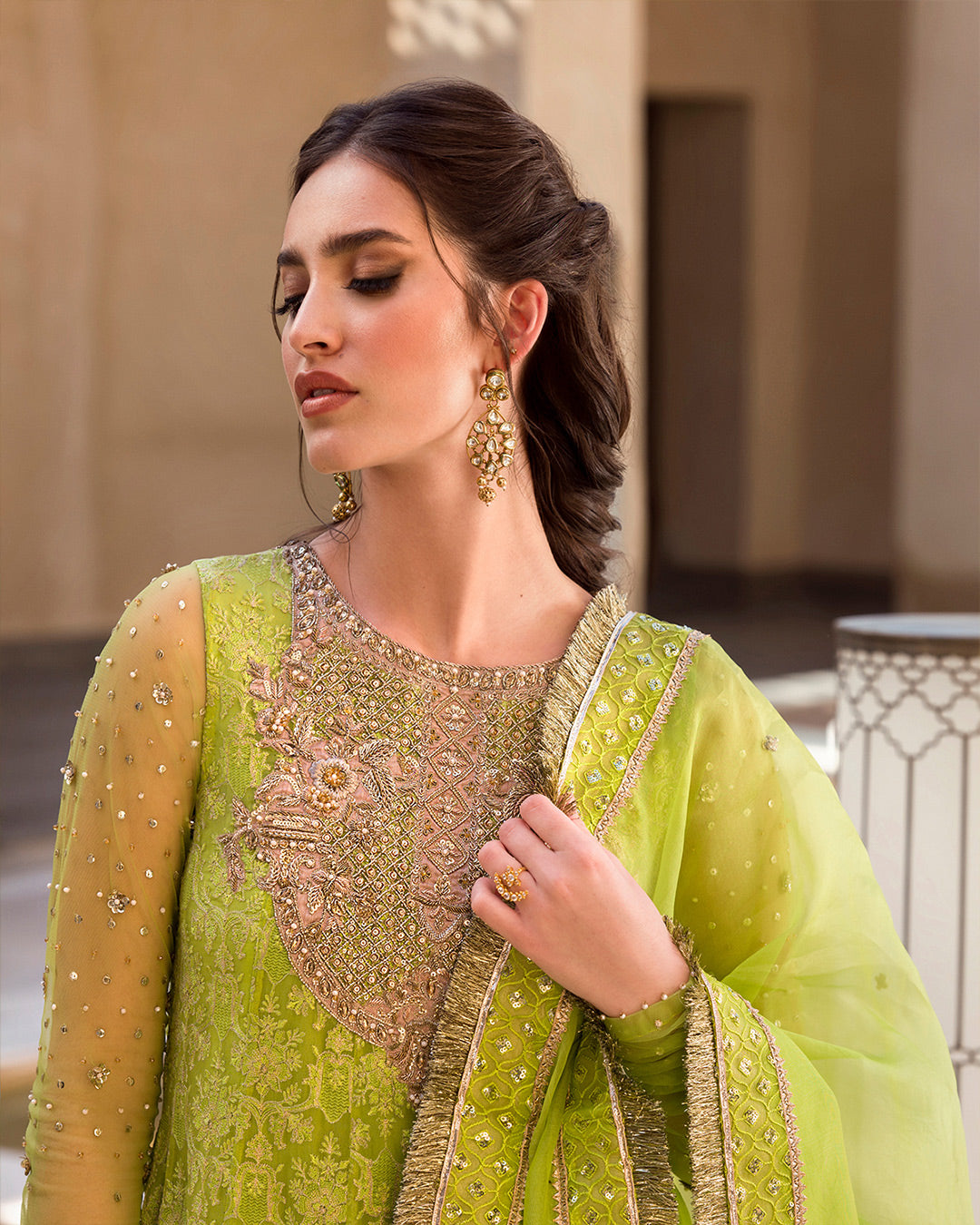 Pakistani Chartreuse Green Embellished Chiffon & Organza Set (3-Piece) - Image 6