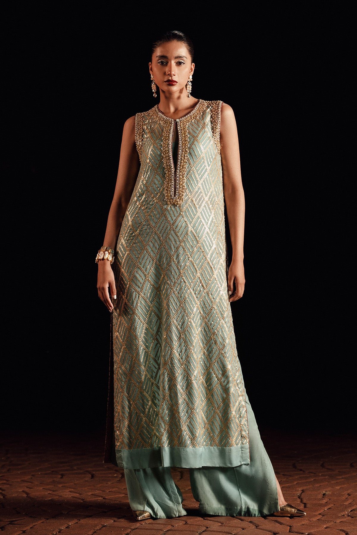 Pakistani Aqua Green Sequin Chiffon Long Shirt (2-Piece) - Image 1