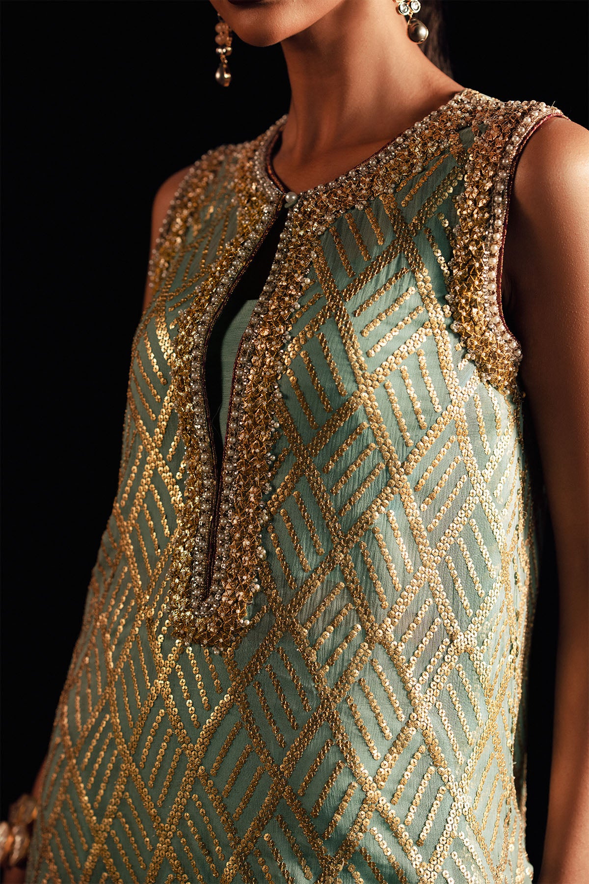 Pakistani Aqua Green Sequin Chiffon Long Shirt (2-Piece) - Image 2