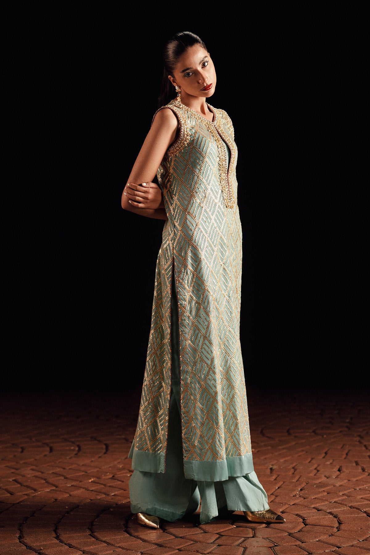 Pakistani Aqua Green Sequin Chiffon Long Shirt (2-Piece) - Image 4