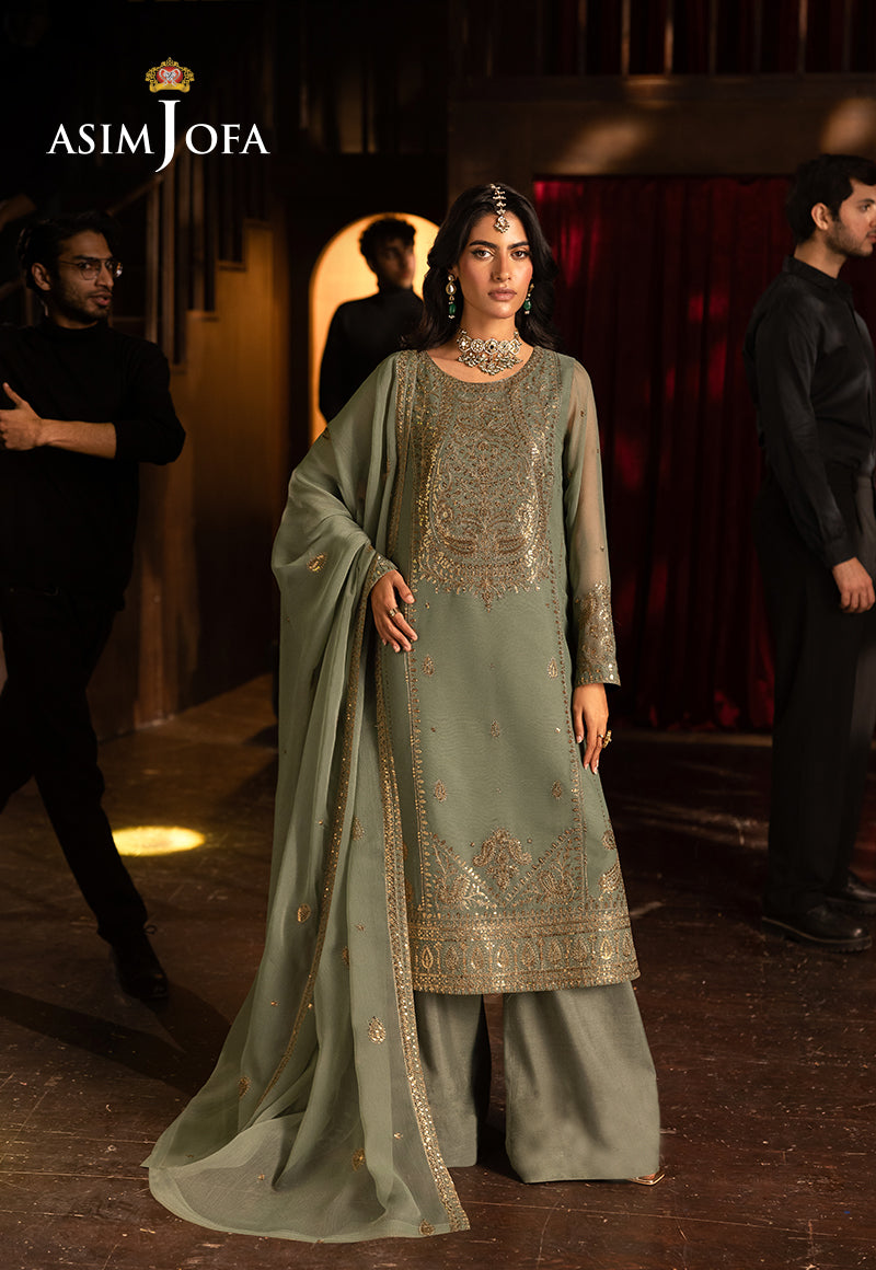 Green Embroidered Chiffon & Silk Salwar Kameez (3-Piece) - Image 1