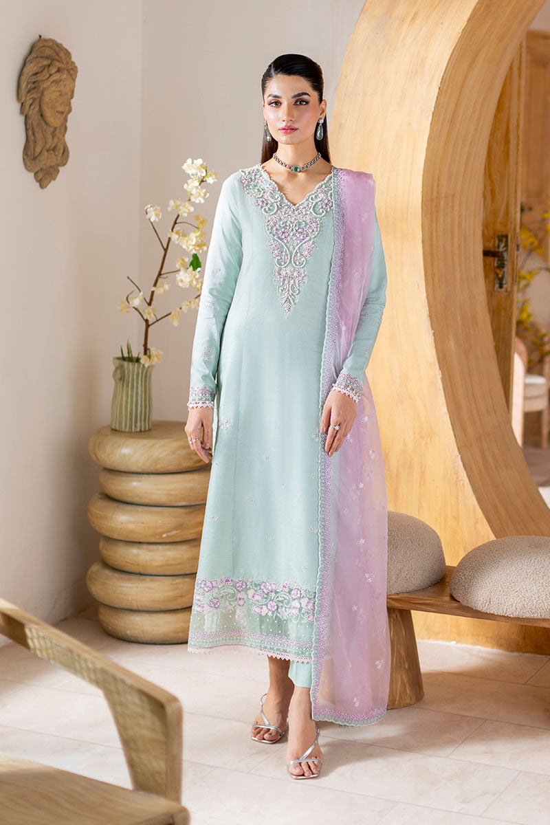 Mint Green Embroidered Kameez with Lilac Dupatta (3-Piece) - Image 1