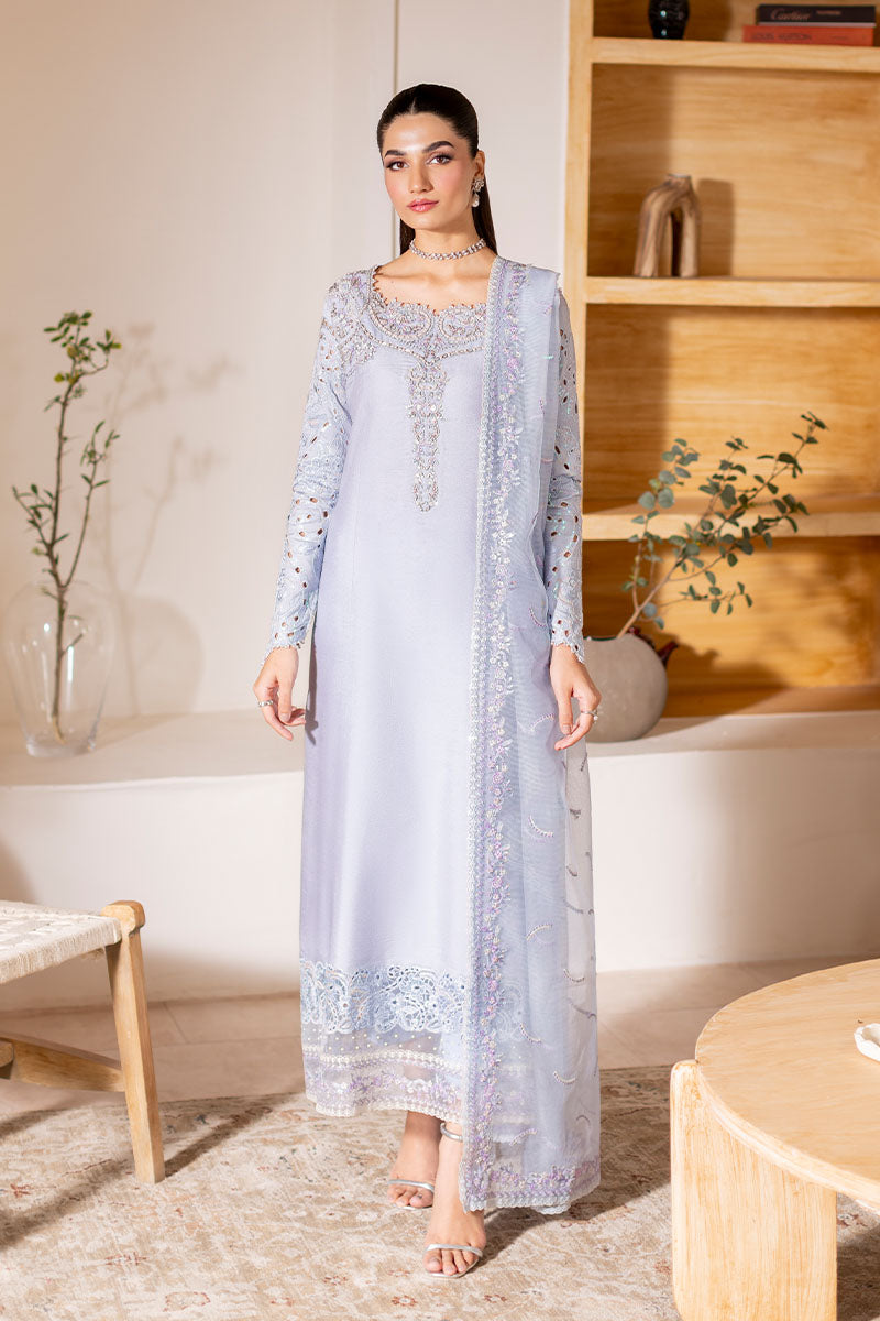 Mint Green Embroidered Kameez with Lilac Dupatta (3-Piece) - Image 14