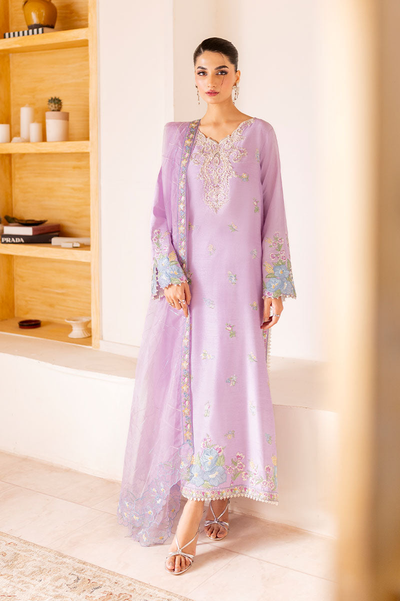 Mint Green Embroidered Kameez with Lilac Dupatta (3-Piece) - Image 17