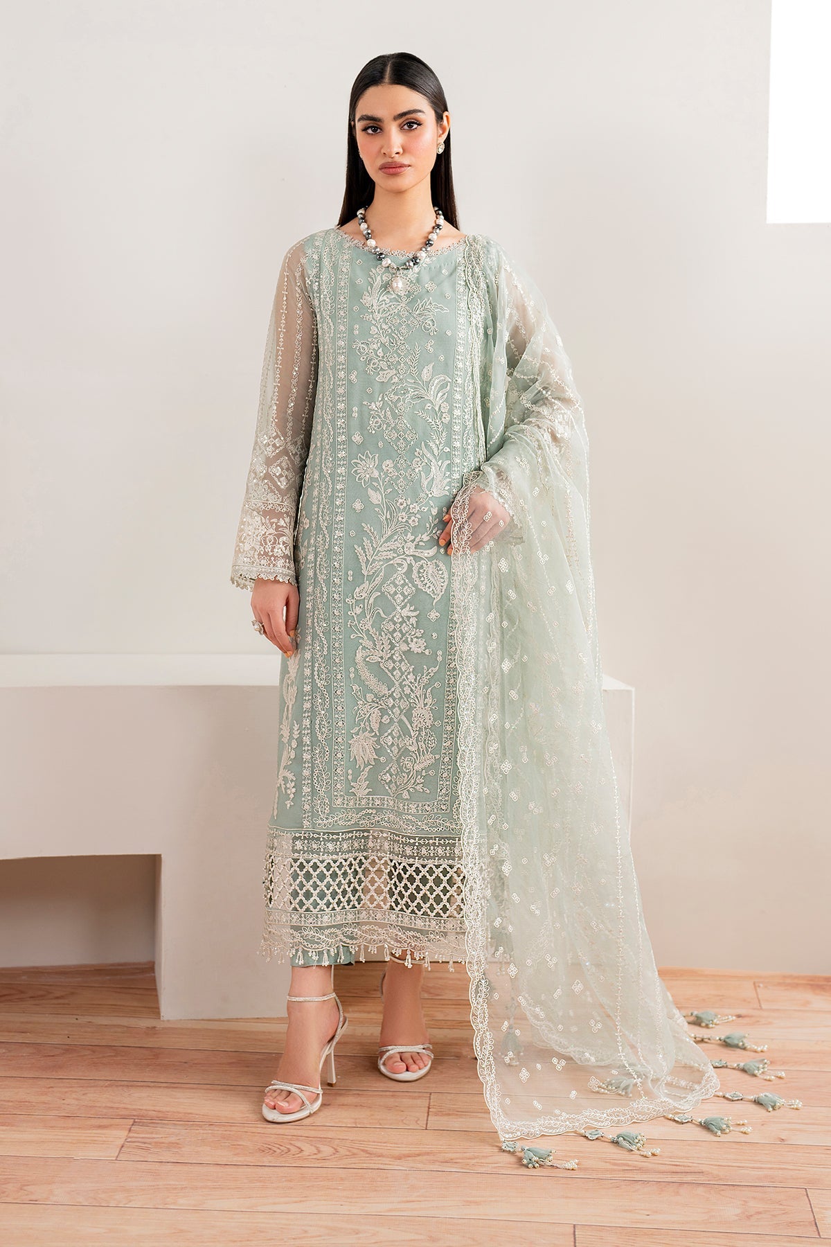 Pakistani Seafoam Green Embroidered Chiffon Salwar Kameez (3-Piece) - Image 1