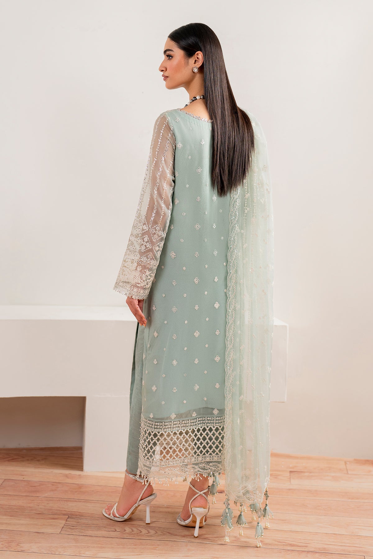 Pakistani Seafoam Green Embroidered Chiffon Salwar Kameez (3-Piece) - Image 2