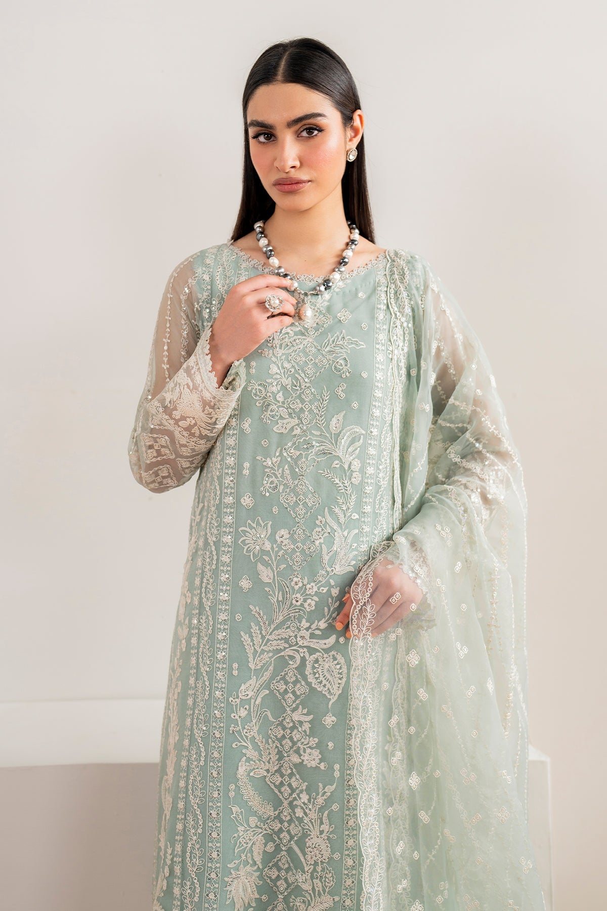Pakistani Seafoam Green Embroidered Chiffon Salwar Kameez (3-Piece) - Image 3