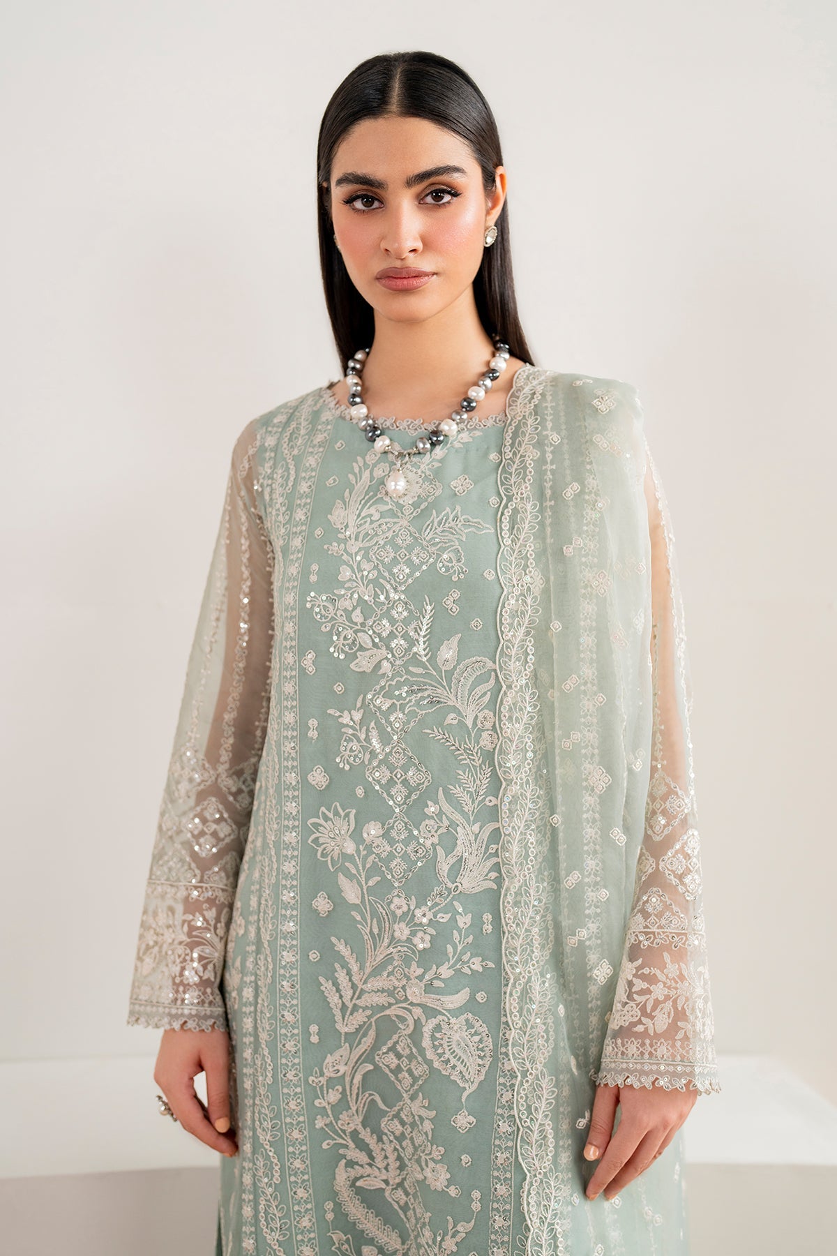 Pakistani Seafoam Green Embroidered Chiffon Salwar Kameez (3-Piece) - Image 4