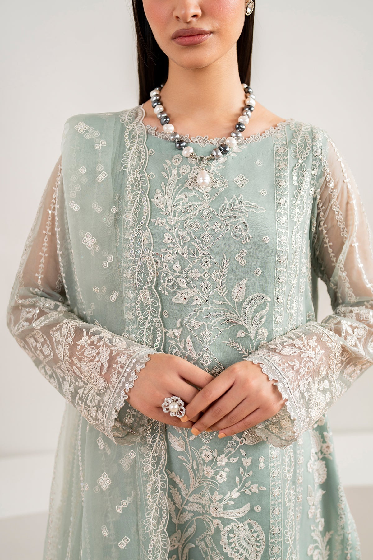 Pakistani Seafoam Green Embroidered Chiffon Salwar Kameez (3-Piece) - Image 5