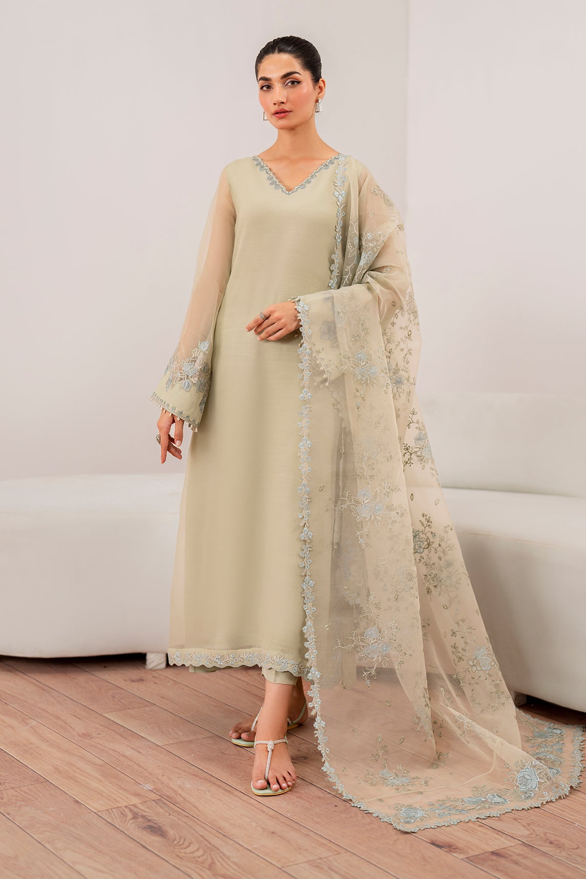 Pistachio Embroidered Chiffon A-Line Outfit (3-Piece) - Image 1
