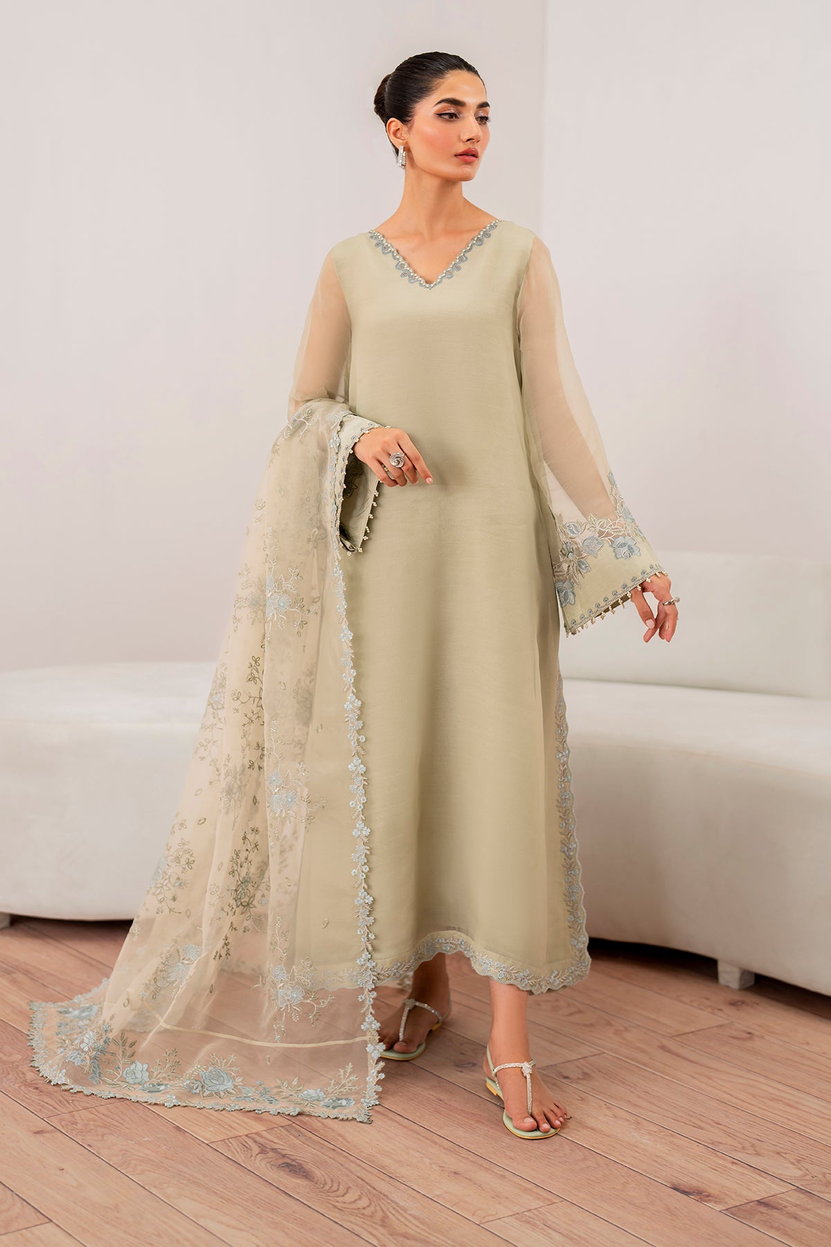 Pistachio Embroidered Chiffon A-Line Outfit (3-Piece) - Image 3