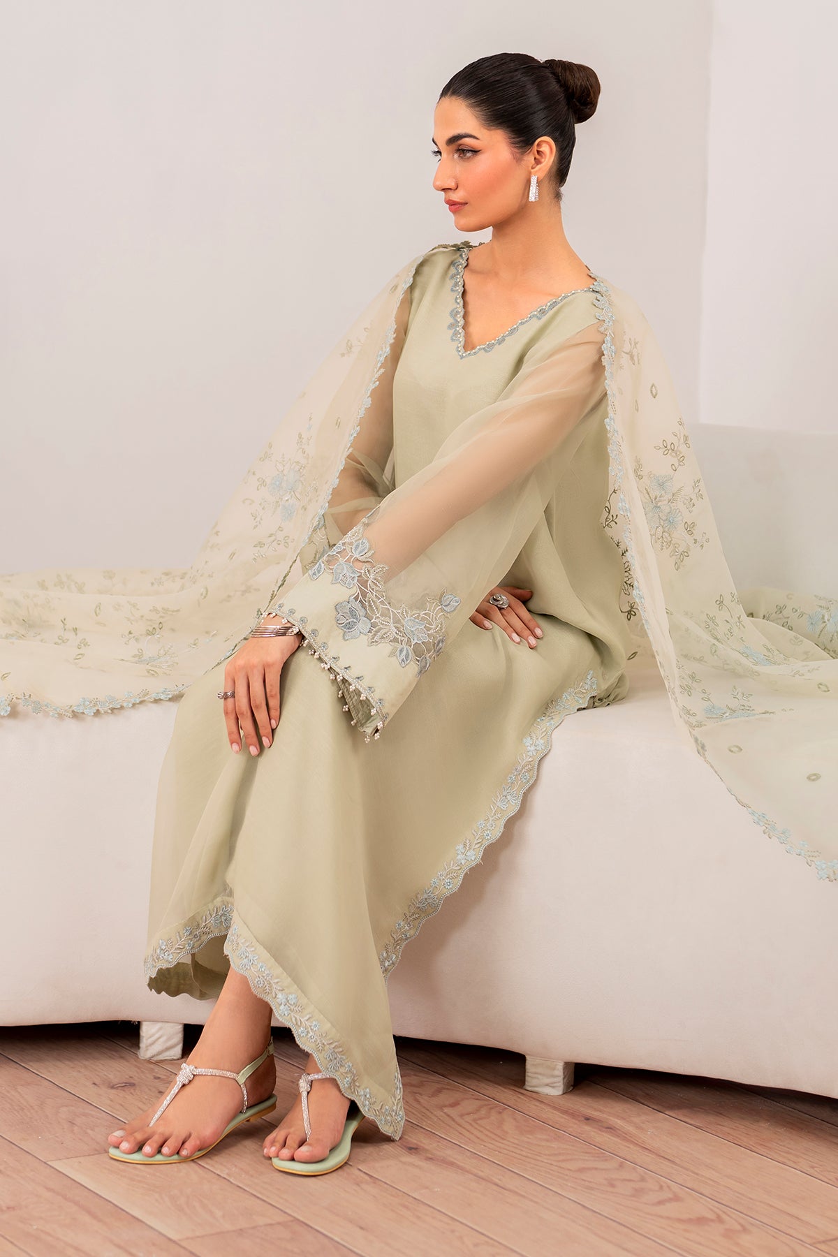Pistachio Embroidered Chiffon A-Line Outfit (3-Piece) - Image 5