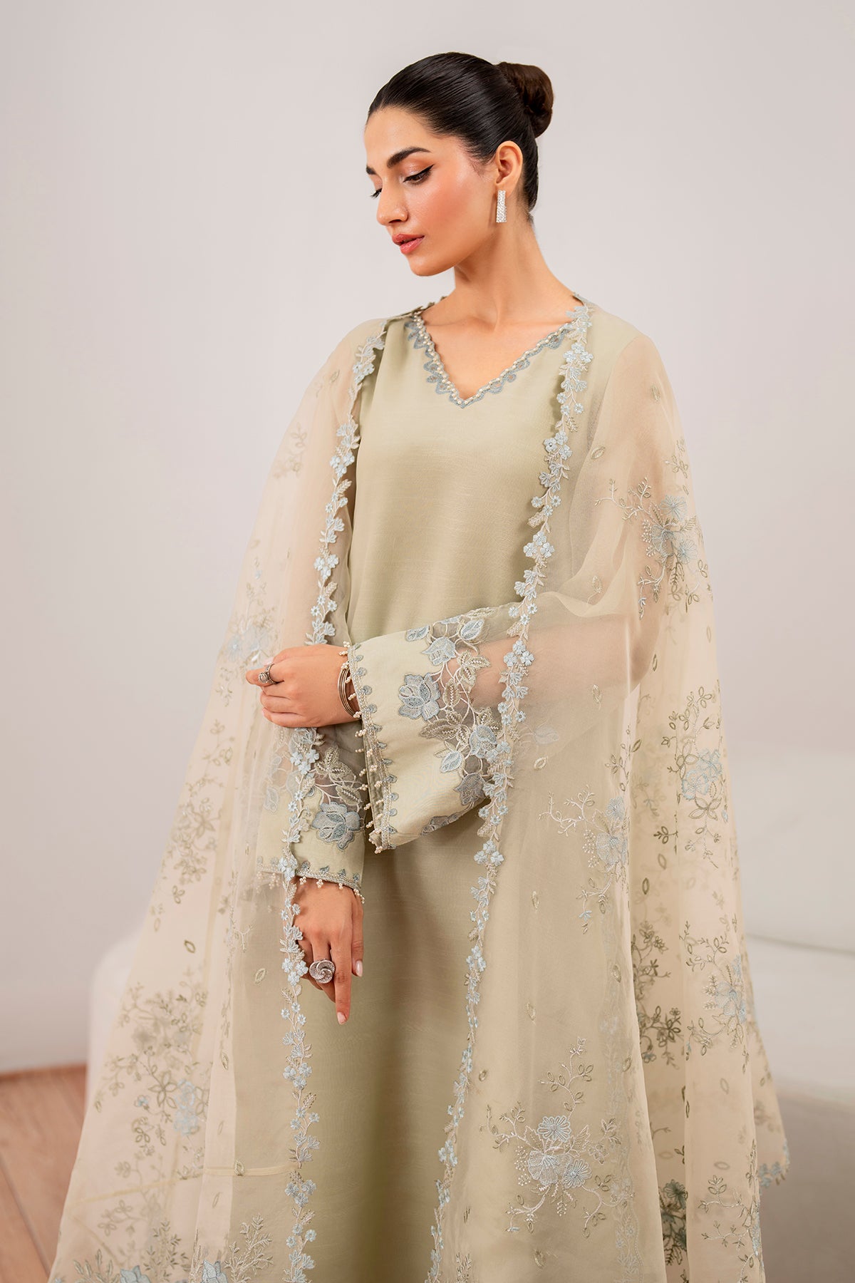 Pistachio Embroidered Chiffon A-Line Outfit (3-Piece) - Image 6