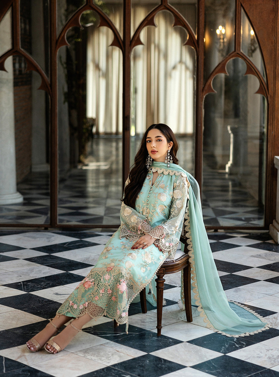 Pakistani Mint Green Embroidered Chiffon Salwar Kameez (3-Piece) - Image 9