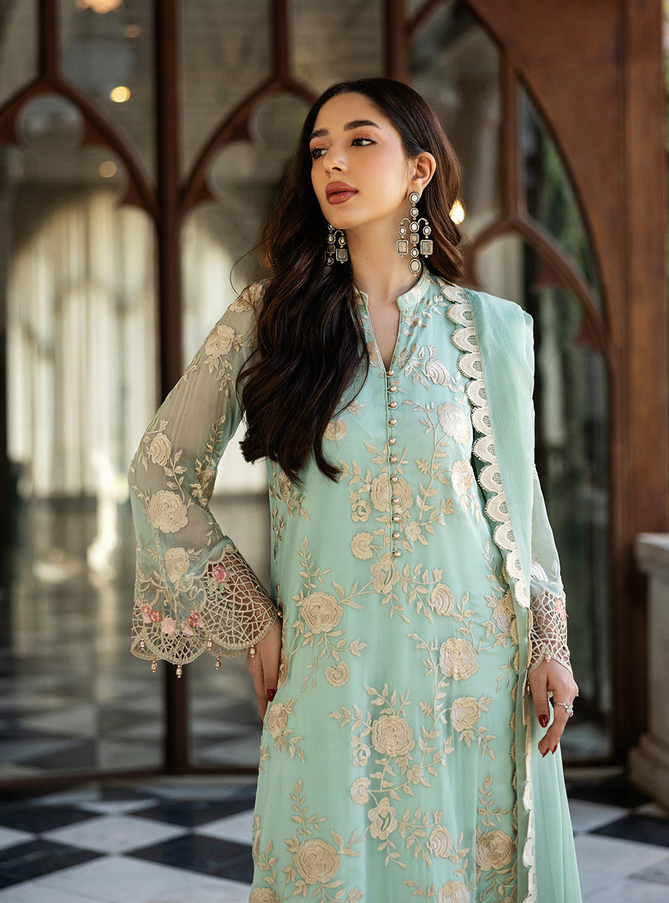 Pakistani Mint Green Embroidered Chiffon Salwar Kameez (3-Piece) - Image 2