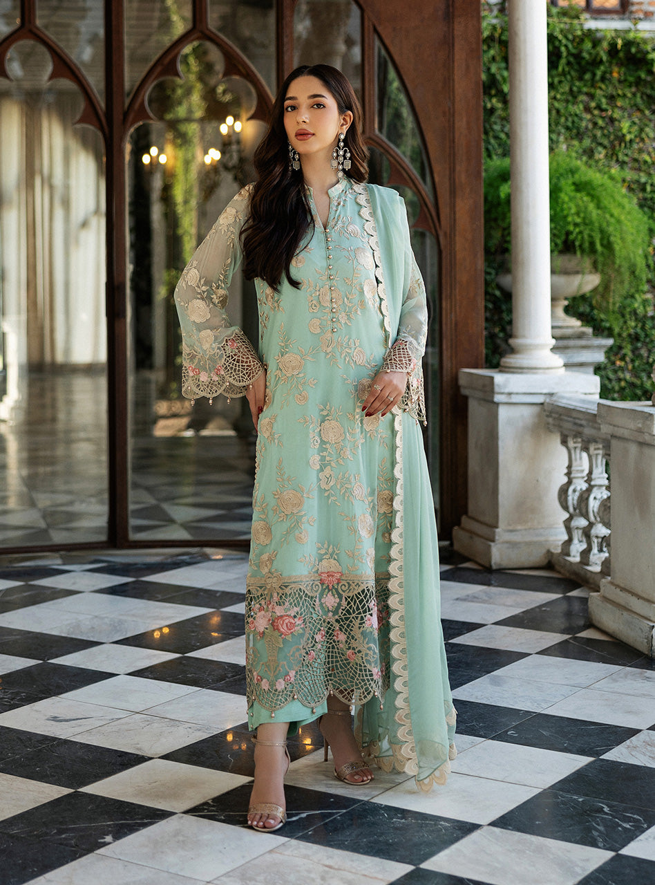 Pakistani Mint Green Embroidered Chiffon Salwar Kameez (3-Piece) - Image 6