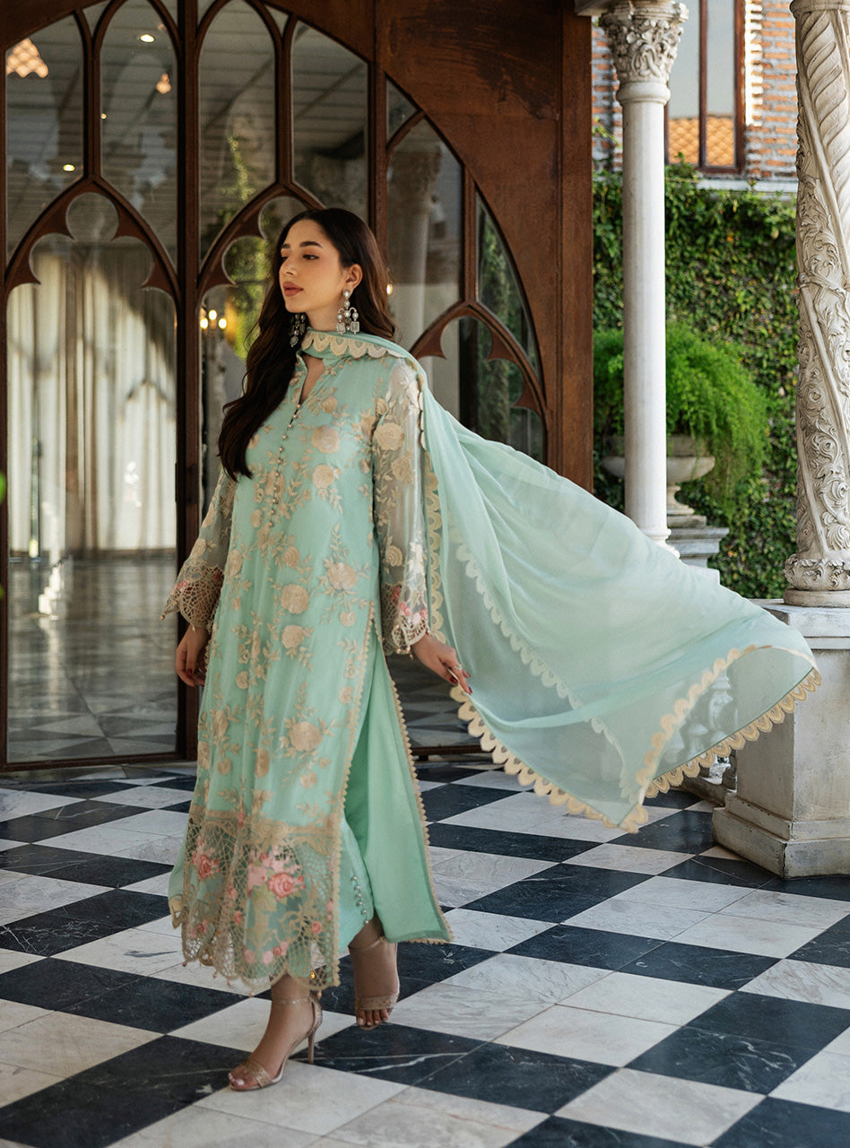 Pakistani Mint Green Embroidered Chiffon Salwar Kameez (3-Piece) - Image 7