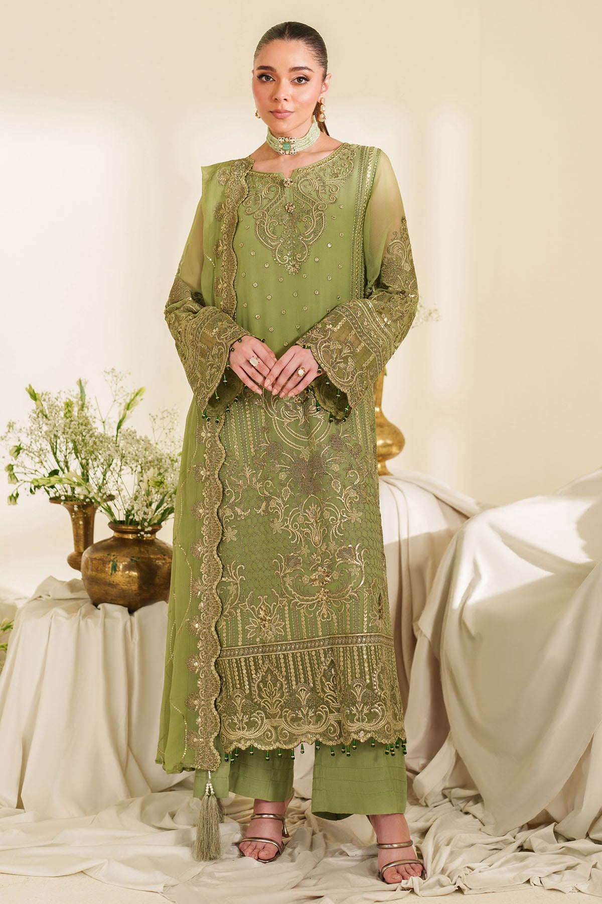 Pakistani Pistachio Embroidered Chiffon & Organza Suit (3-Piece) - Image 1