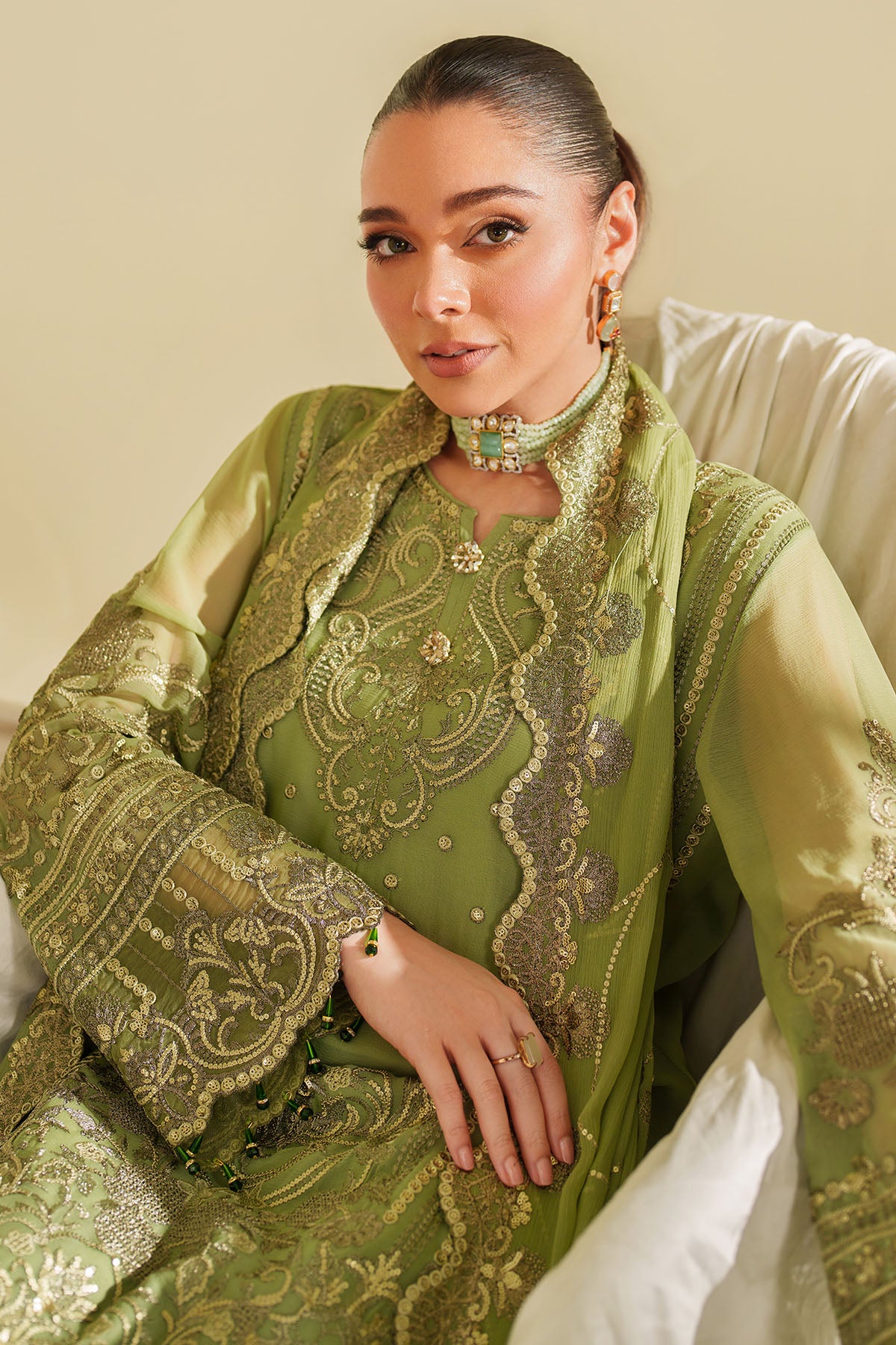 Pakistani Pistachio Embroidered Chiffon & Organza Suit (3-Piece) - Image 2