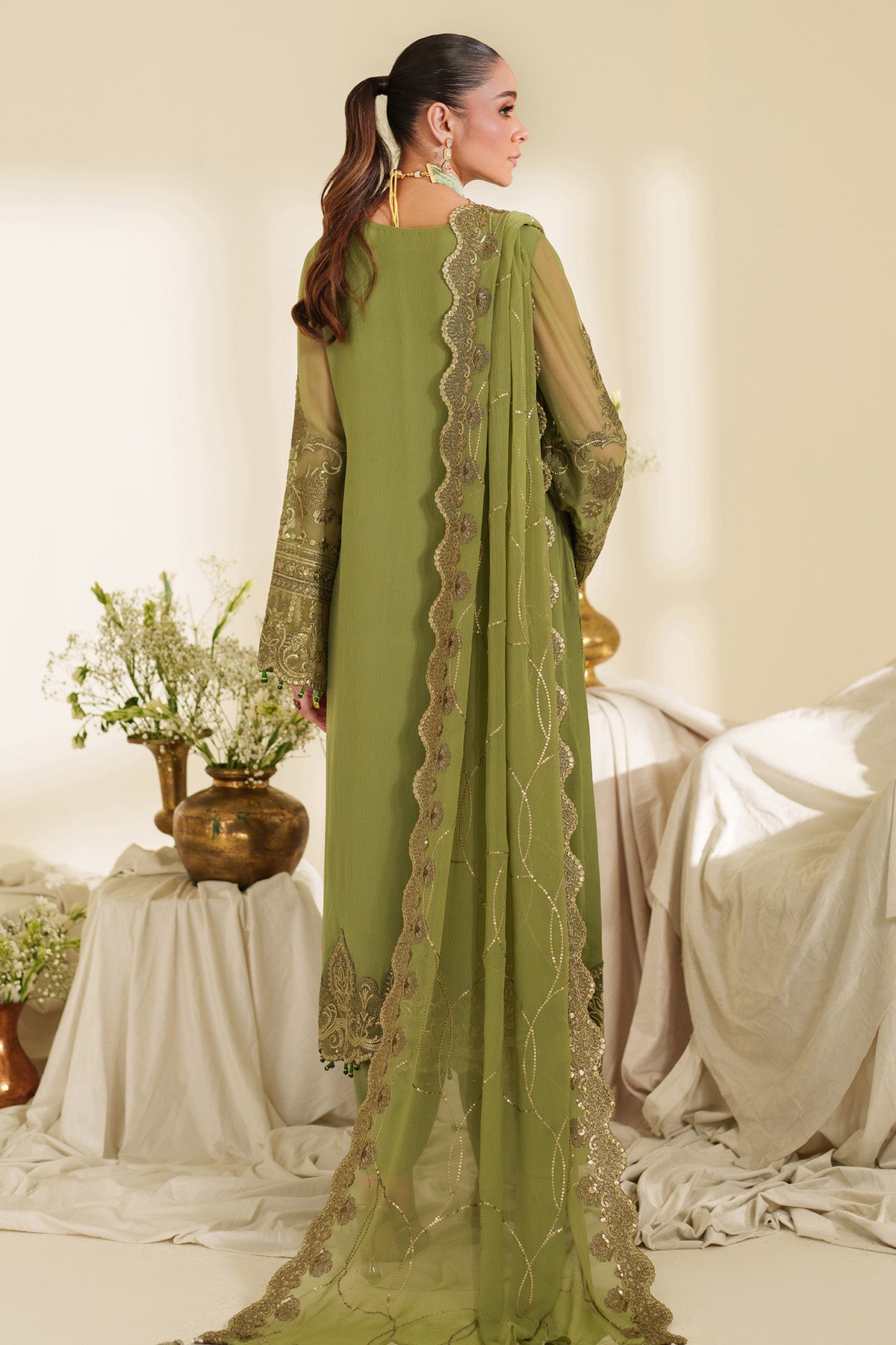 Pakistani Pistachio Embroidered Chiffon & Organza Suit (3-Piece) - Image 3