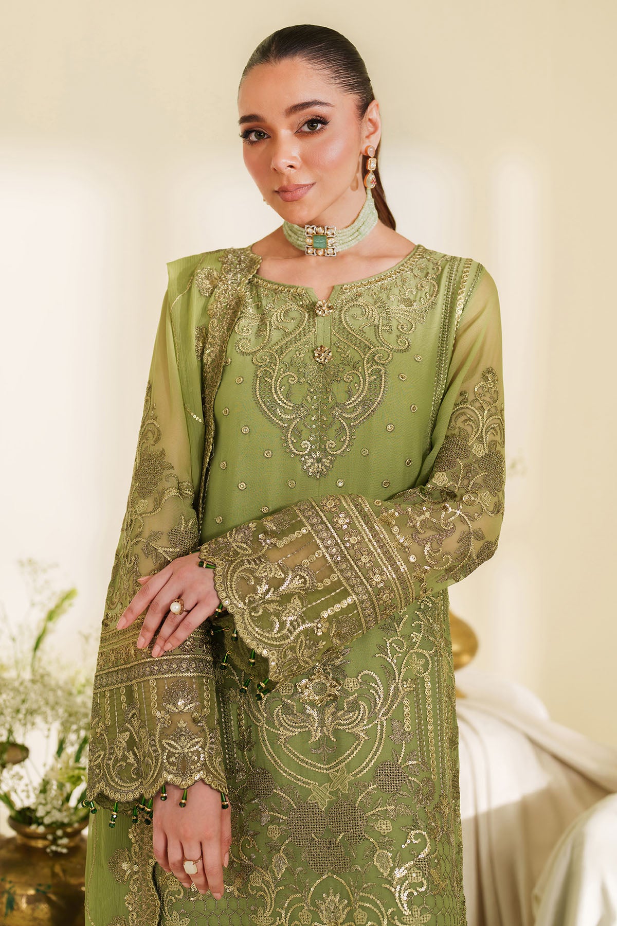 Pakistani Pistachio Embroidered Chiffon & Organza Suit (3-Piece) - Image 4