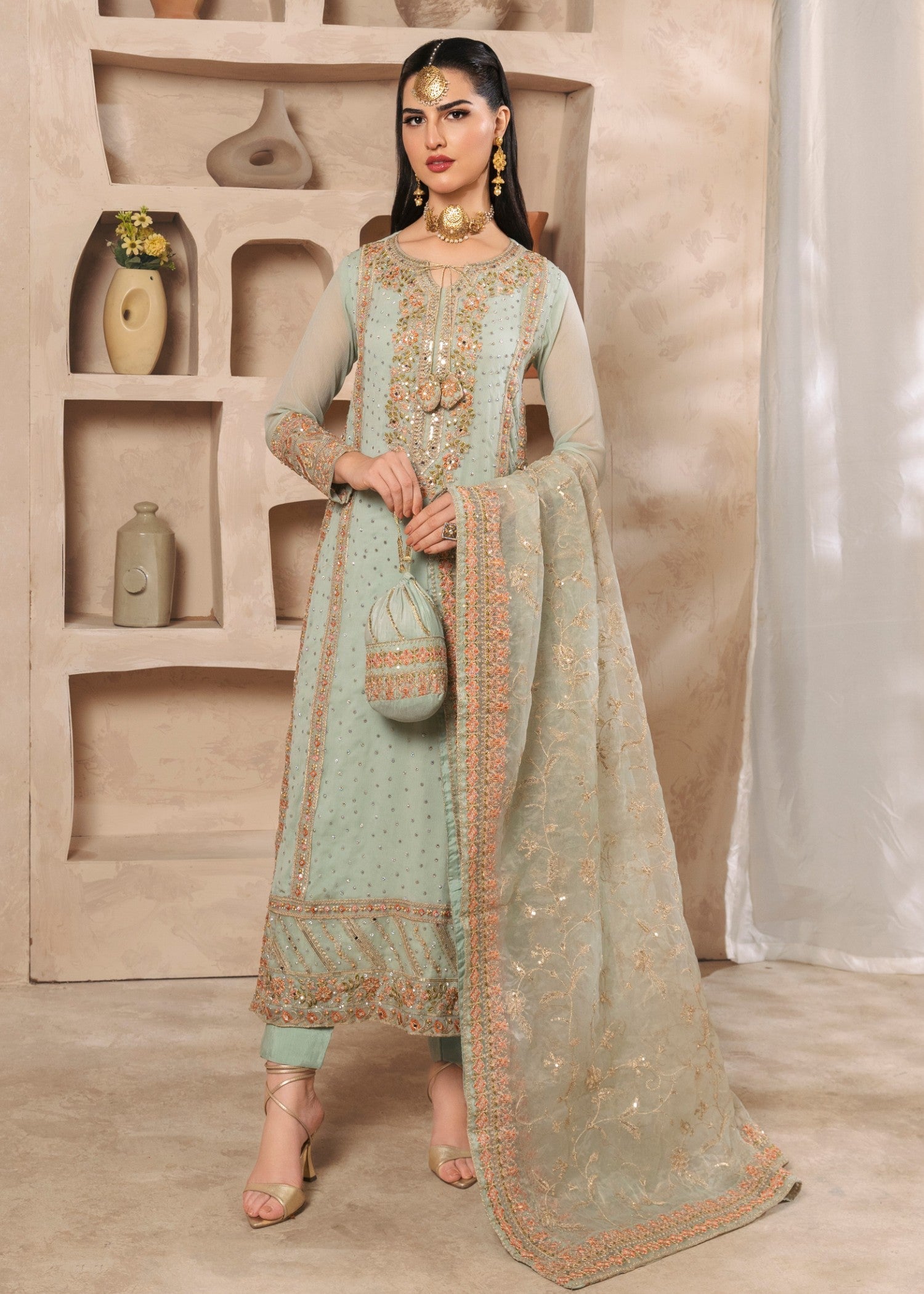 Pakistani Pastel Green Embroidered Chiffon Kurta Set (3-Piece) - Image 1