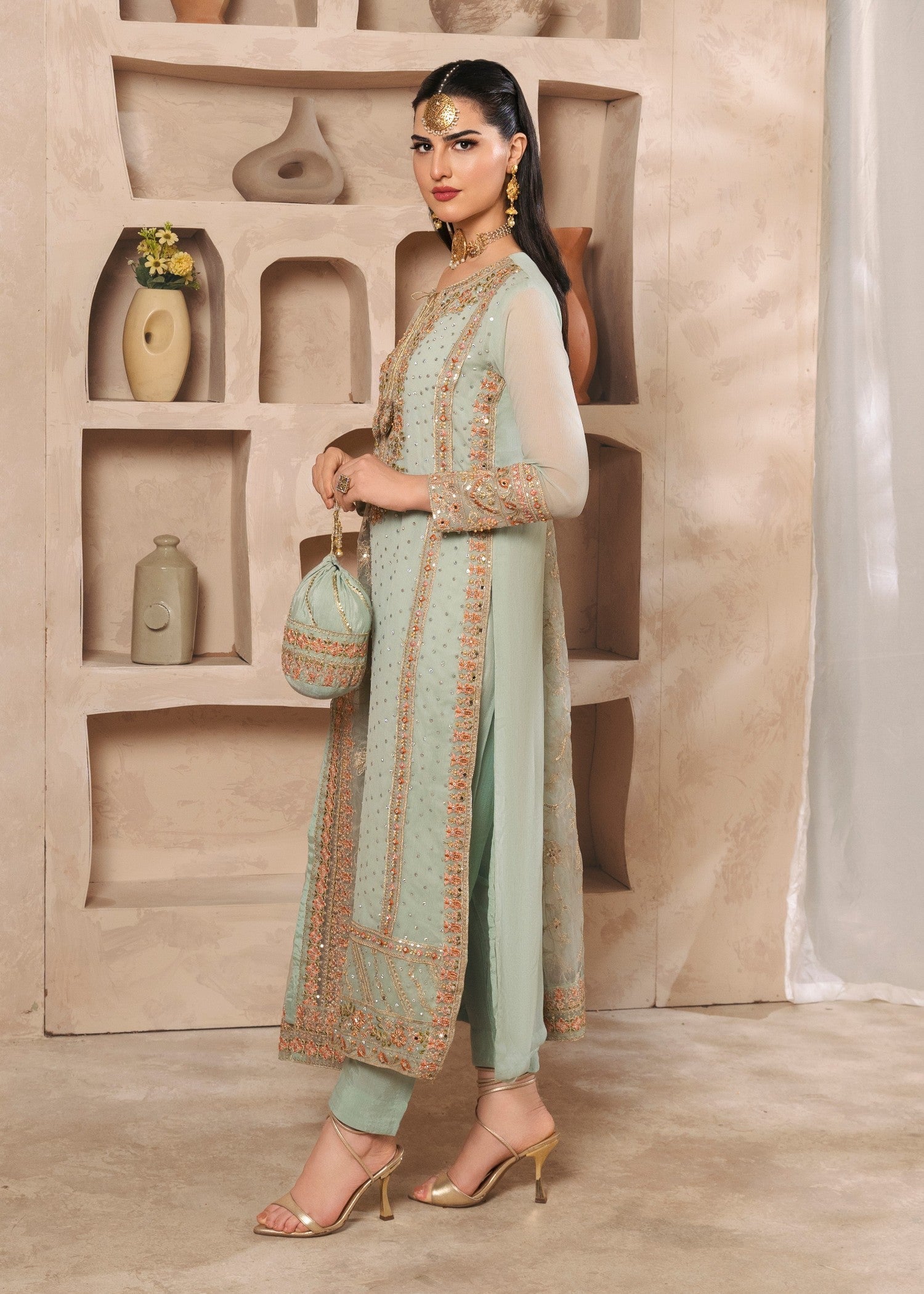 Pakistani Pastel Green Embroidered Chiffon Kurta Set (3-Piece) - Image 2