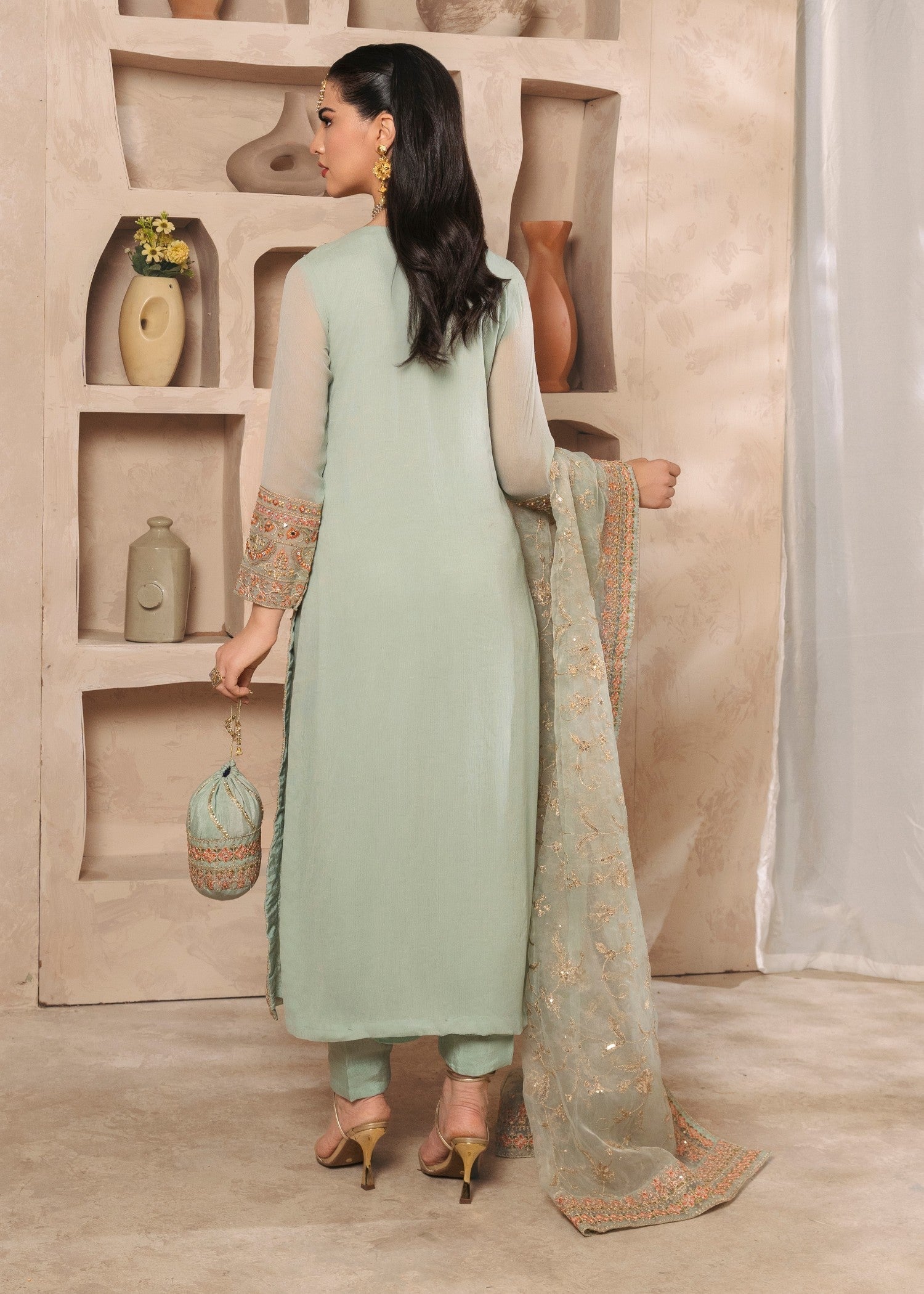 Pakistani Pastel Green Embroidered Chiffon Kurta Set (3-Piece) - Image 3