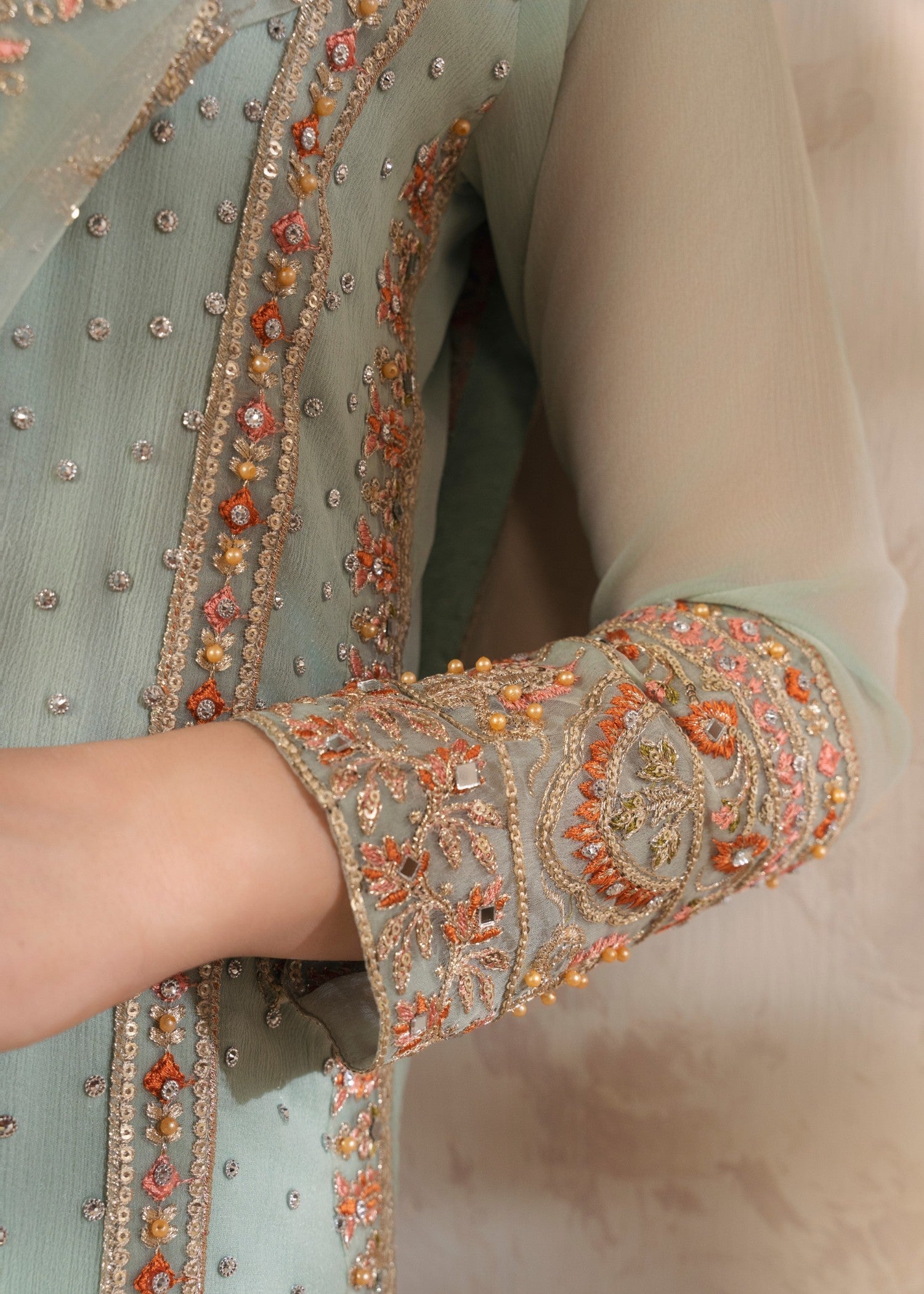 Pakistani Pastel Green Embroidered Chiffon Kurta Set (3-Piece) - Image 5