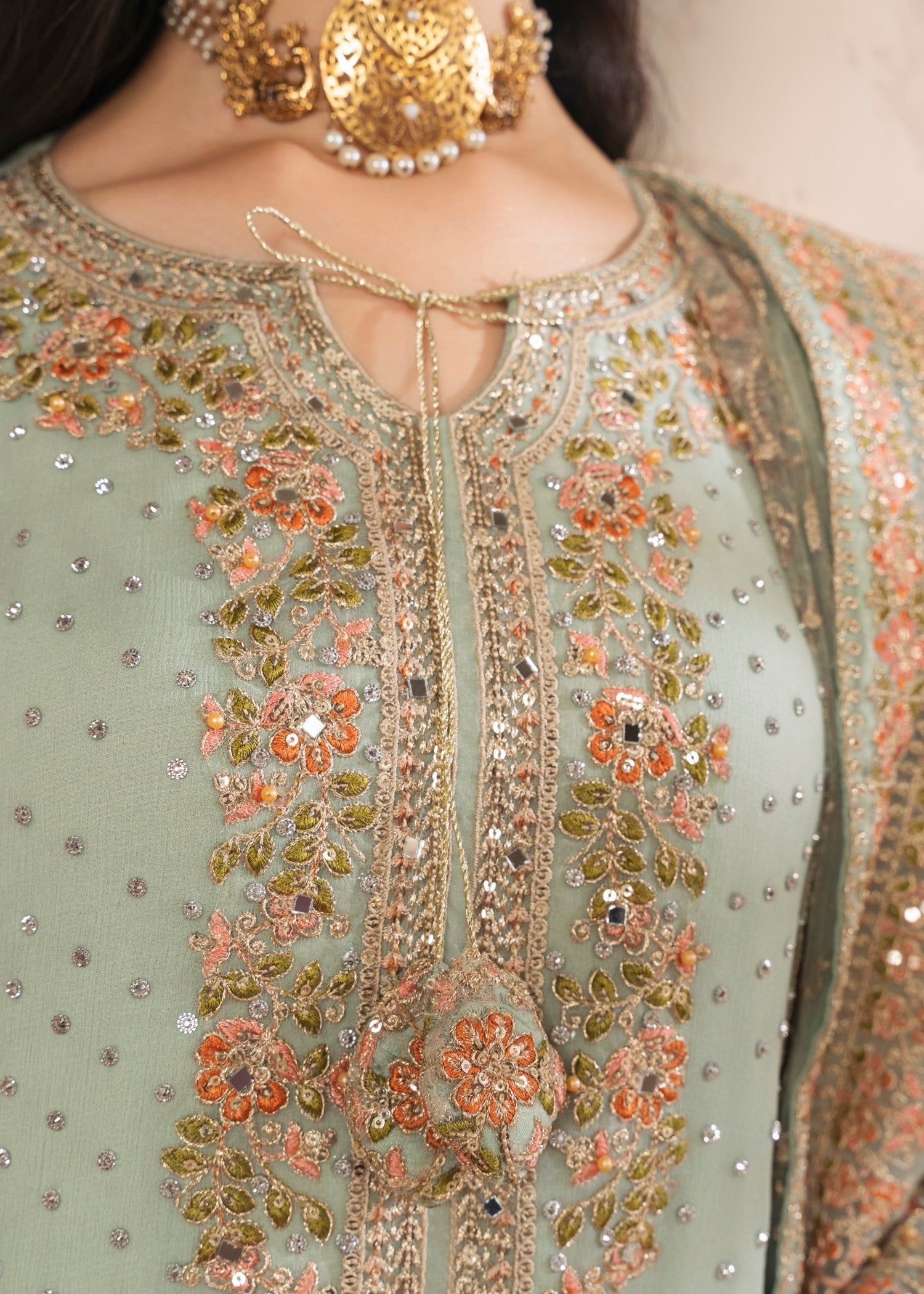 Pakistani Pastel Green Embroidered Chiffon Kurta Set (3-Piece) - Image 6