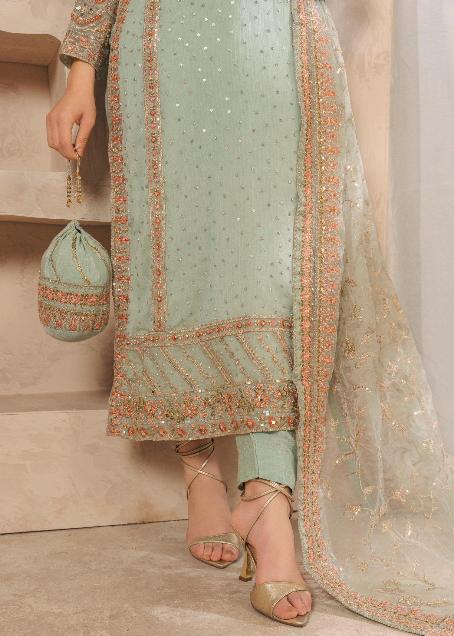 Pakistani Pastel Green Embroidered Chiffon Kurta Set (3-Piece) - Image 7