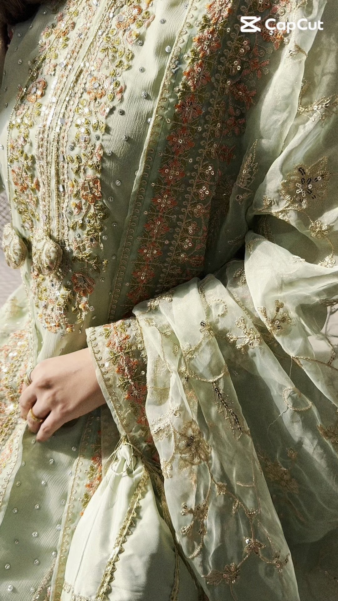 Pakistani Pastel Green Embroidered Chiffon Kurta Set (3-Piece) - Image 9