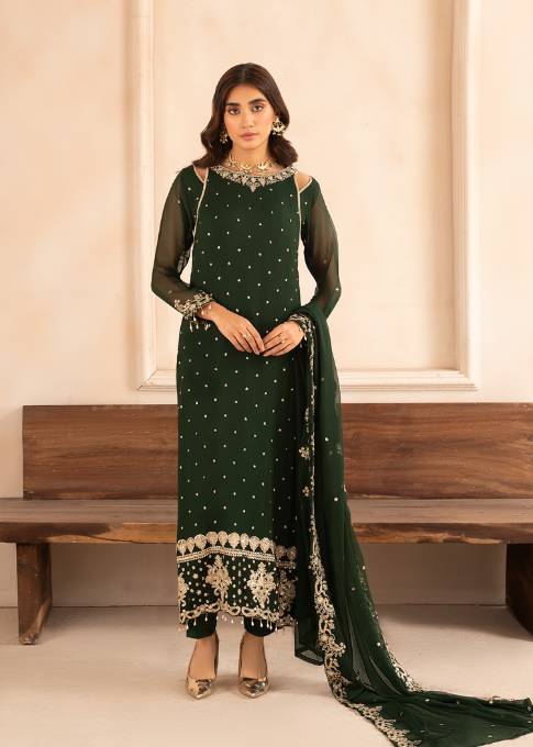 Pakistani Bottle Green Embroidered Chiffon Kurta Set (3-Piece) - Image 1