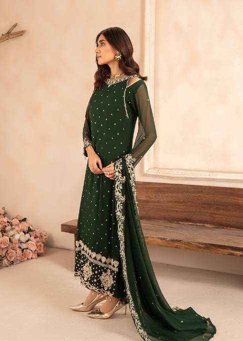 Pakistani Bottle Green Embroidered Chiffon Kurta Set (3-Piece) - Image 2