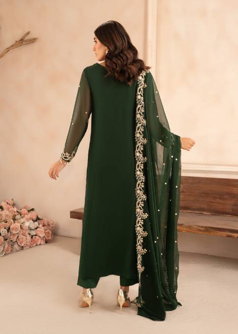 Pakistani Bottle Green Embroidered Chiffon Kurta Set (3-Piece) - Image 3