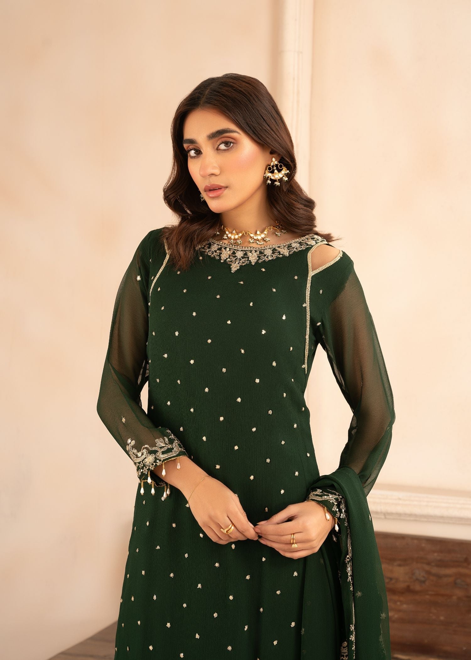 Pakistani Bottle Green Embroidered Chiffon Kurta Set (3-Piece) - Image 5