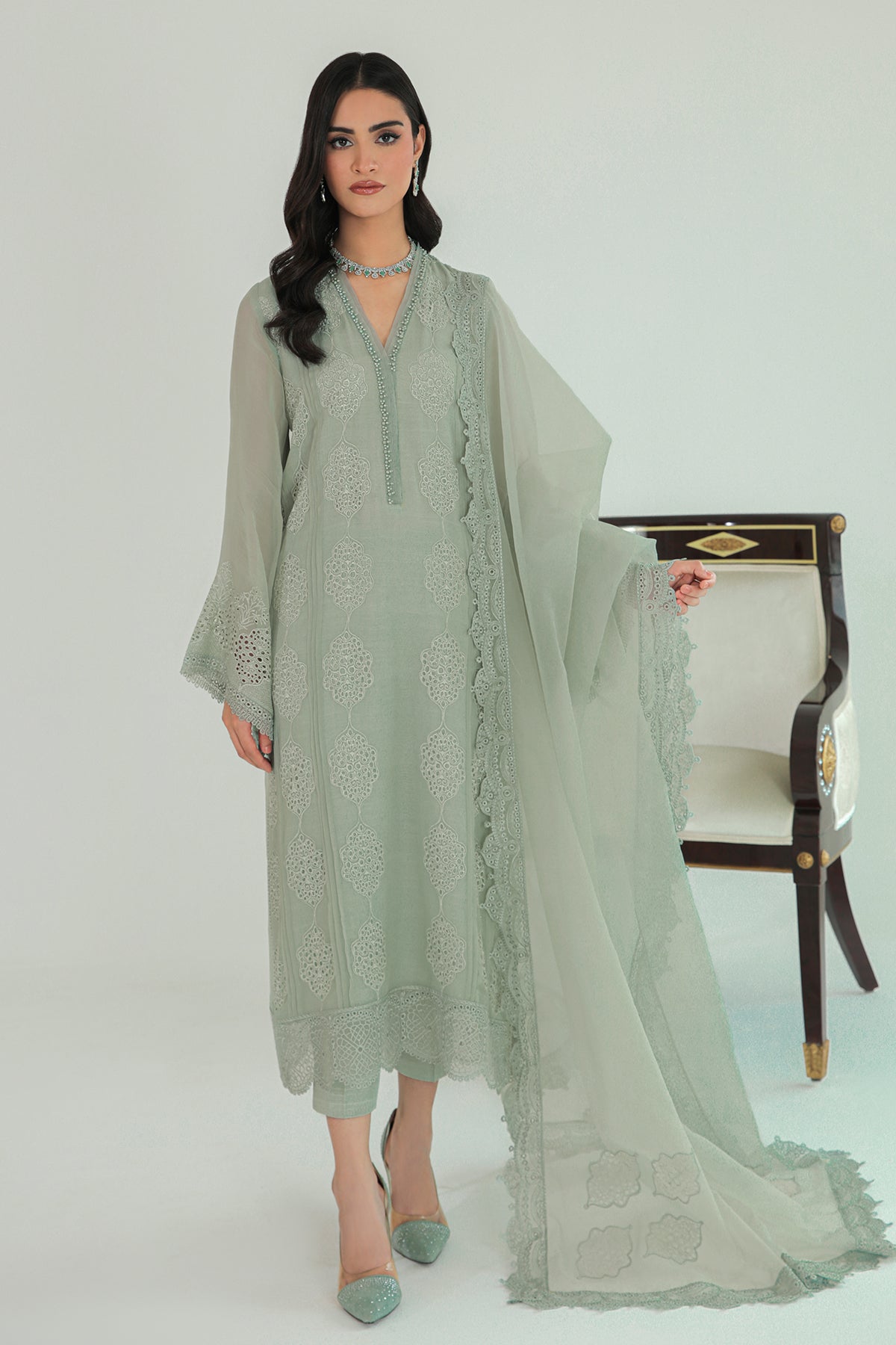 Mint Embroidered Chiffon 3-Piece Suit - Image 1