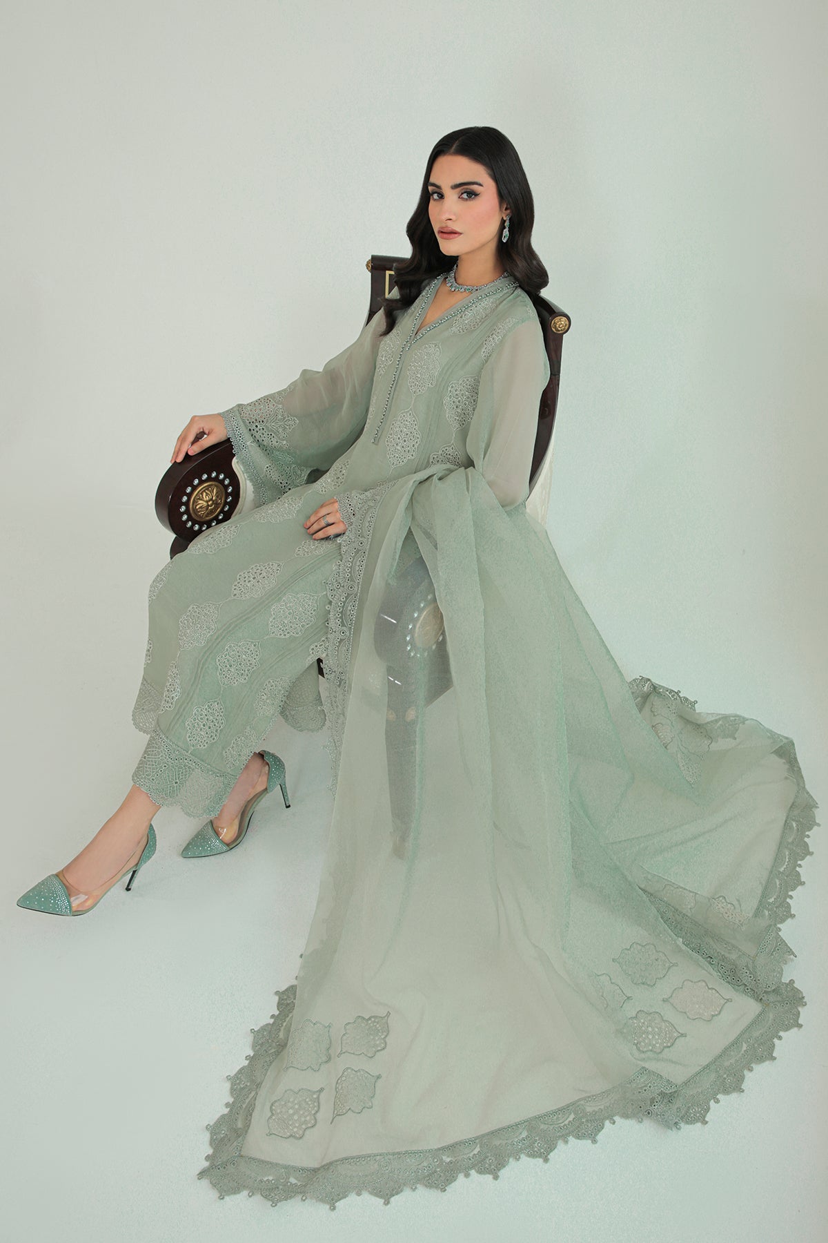 Mint Embroidered Chiffon 3-Piece Suit - Image 4